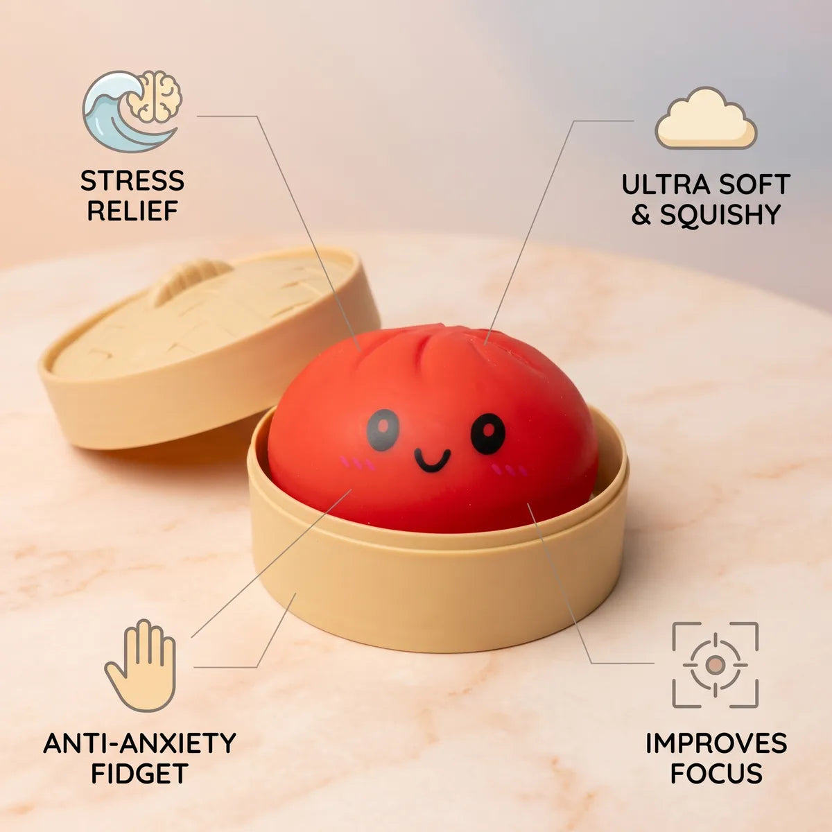 Red dumpling squishy size guide infographic with dimensions