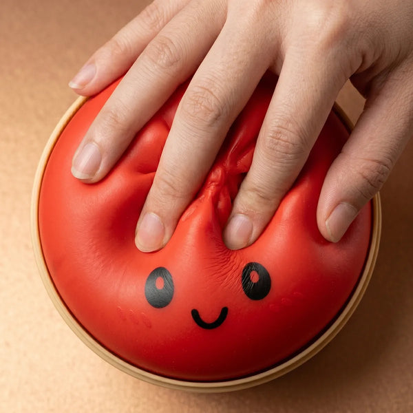 Red dumpling squishy being squeezed showing slow rising foam
