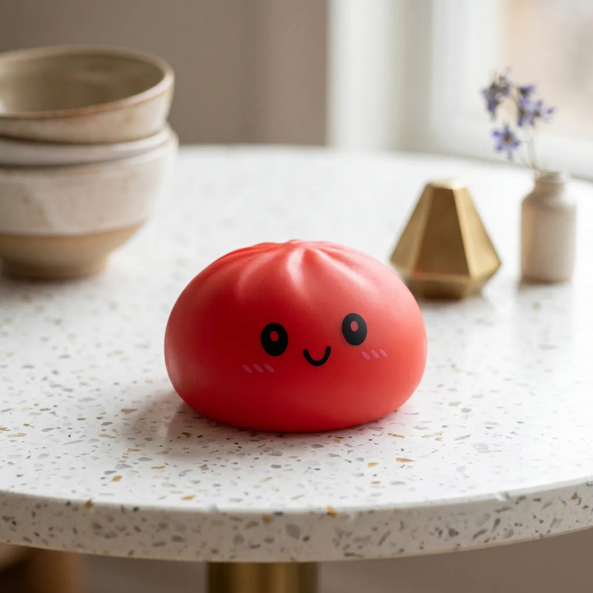 Red dumpling squishy displayed with bamboo steamer