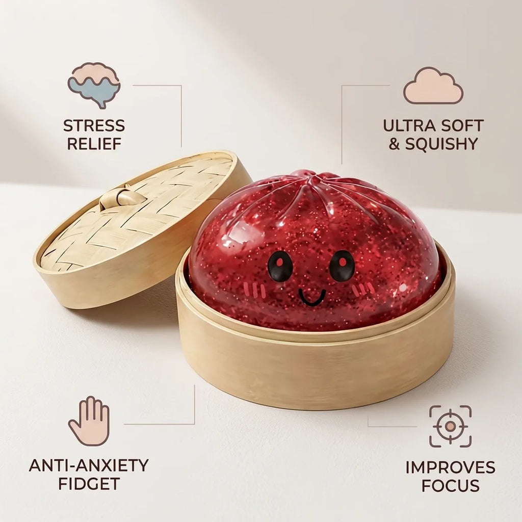 Red glitter dumpling squishy features and benefits