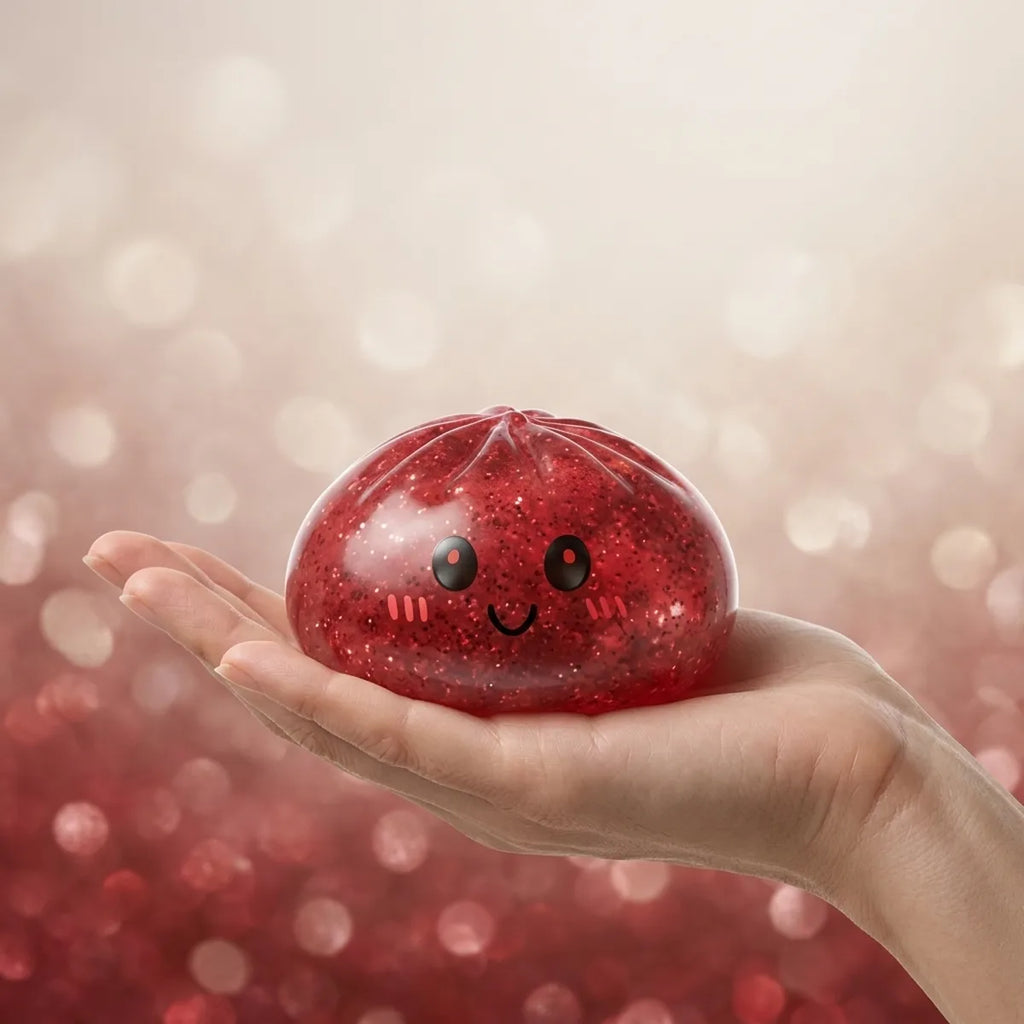 Hand holding a soft red glitter dumpling squishy