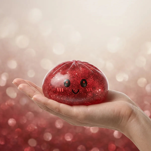 Hand holding a soft red glitter dumpling squishy