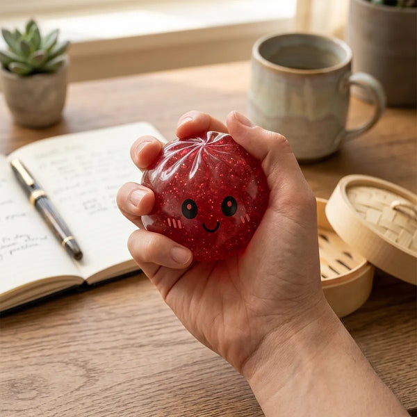 Person playing with a red glitter dumpling squishy for stress relief