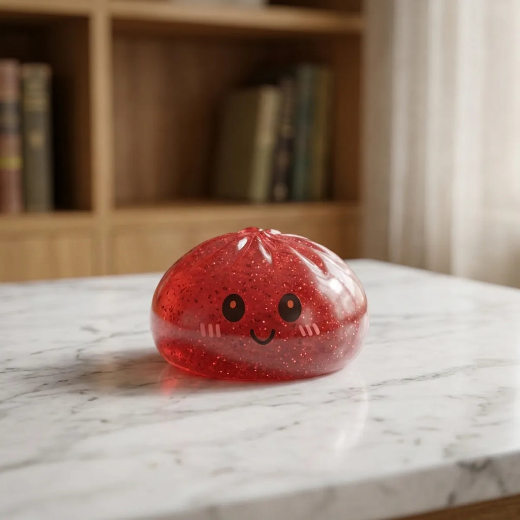 Red glitter dumpling squishy displayed on a desk surface