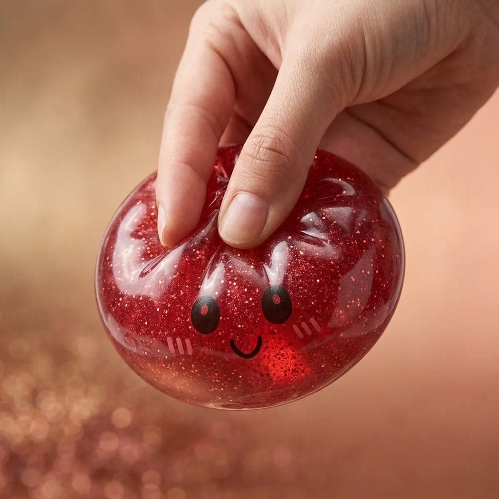 Hand squeezing the slow-rise red glitter dumpling squishy