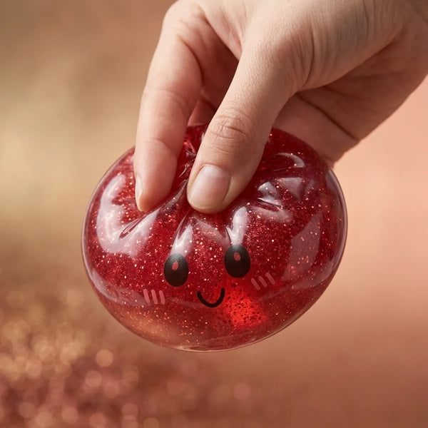 Hand squeezing the slow-rise red glitter dumpling squishy
