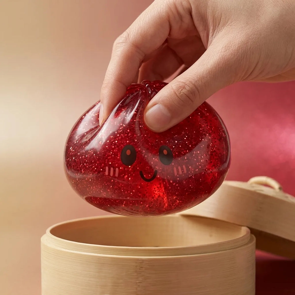 Close-up of fingers pressing the red glitter dumpling squishy