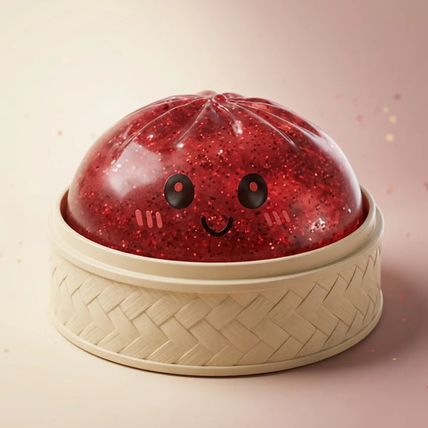Red glitter dumpling squishy inside its bamboo steamer box