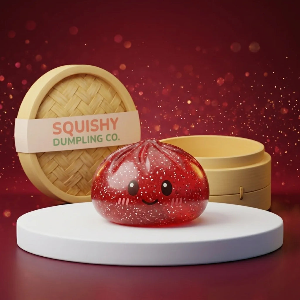 Studio photo of the red glitter dumpling squishy with bamboo steamer