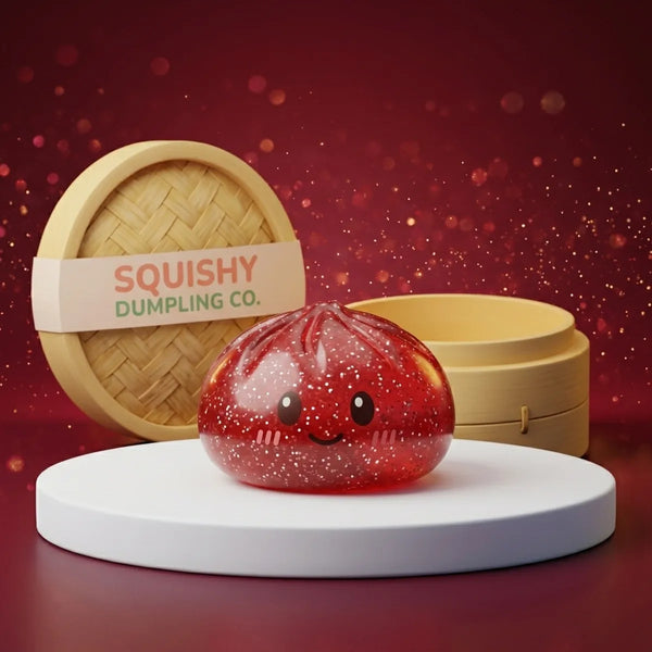 Studio photo of the red glitter dumpling squishy with bamboo steamer