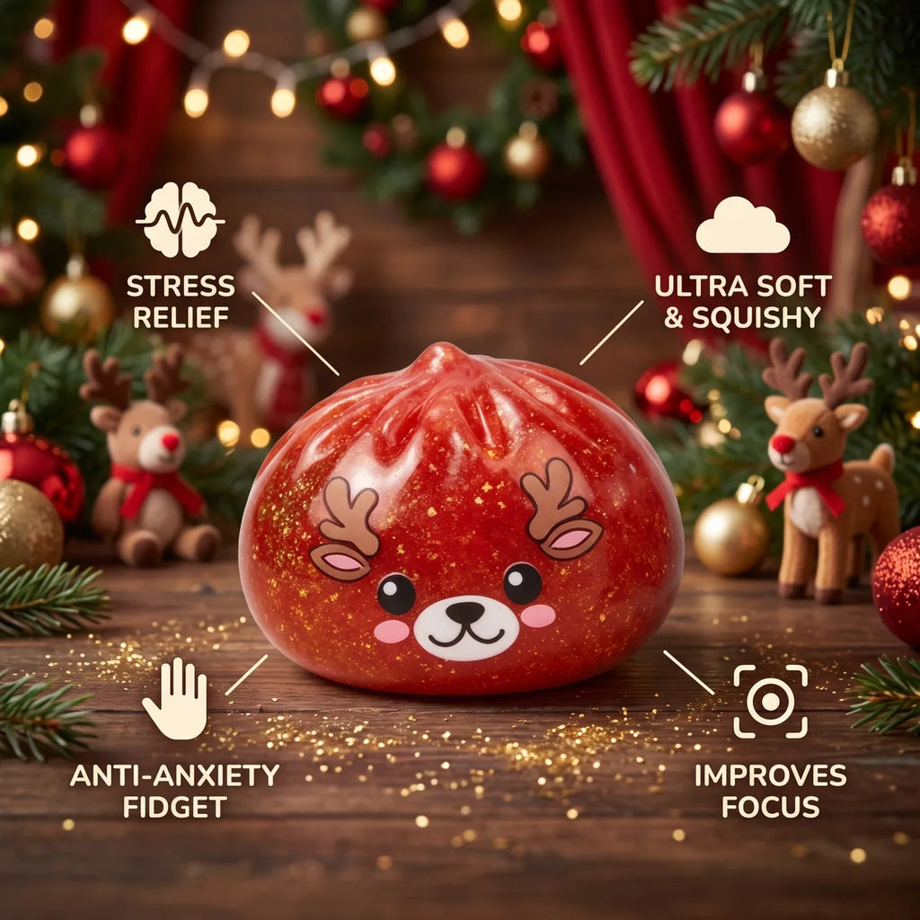 Shimmering Red Reindeer Dumpling Squishy infographic: stress relief, ultra soft and squishy, anti-anxiety fidget, improves focus