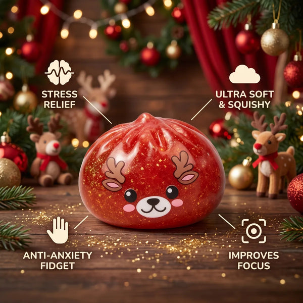 Shimmering Red Reindeer Dumpling Squishy infographic: stress relief, ultra soft and squishy, anti-anxiety fidget, improves focus