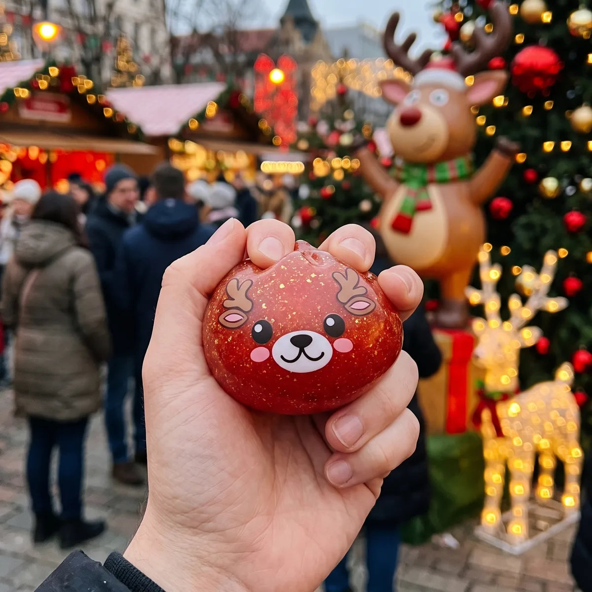 Person squeezing the Shimmering Red Reindeer Dumpling Squishy as a fidget toy at a Christmas market
