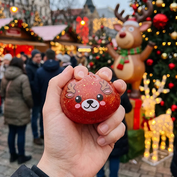Person squeezing the Shimmering Red Reindeer Dumpling Squishy as a fidget toy at a Christmas market