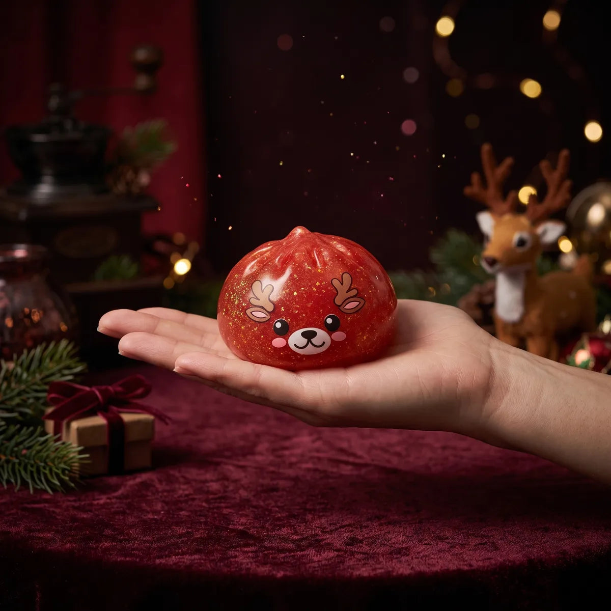 Shimmering Red Reindeer Dumpling Squishy resting on an open palm to show its real size