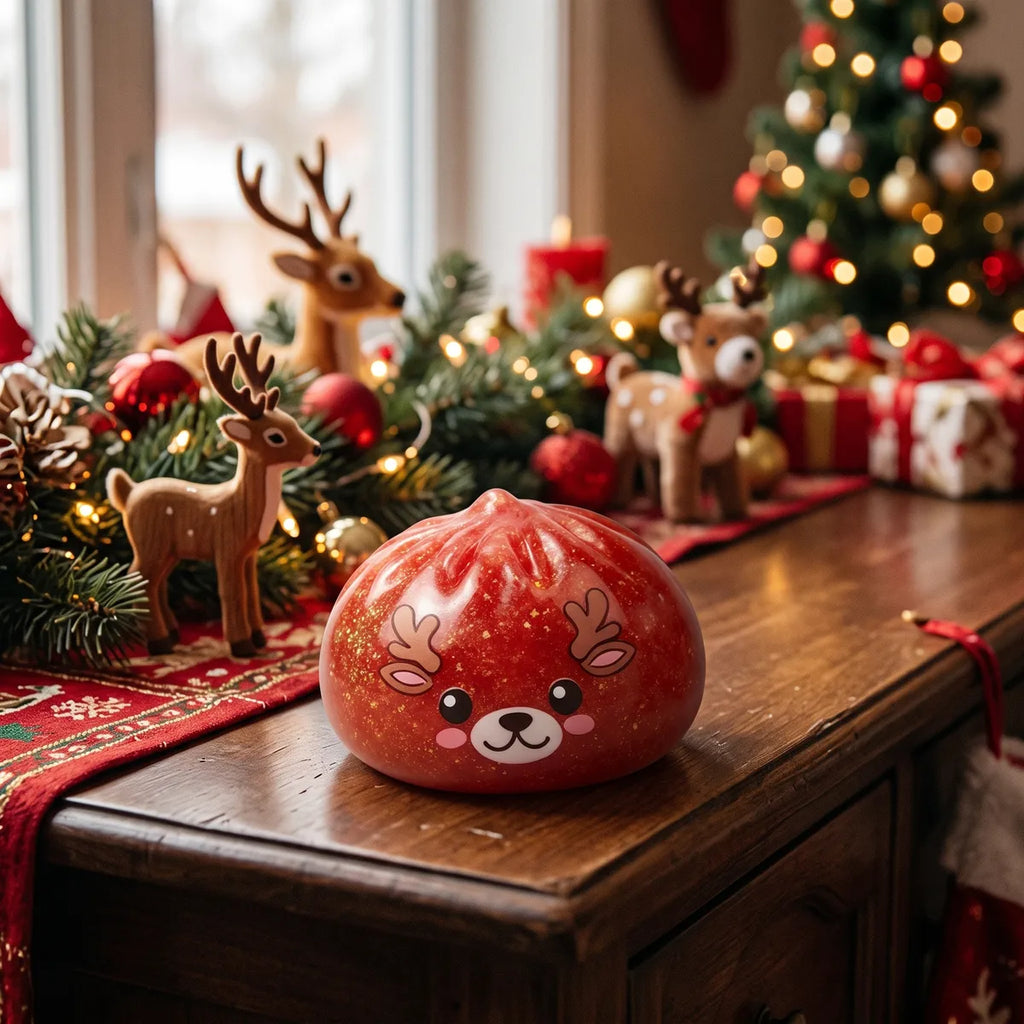 Shimmering Red Reindeer Dumpling Squishy displayed on a table runner with toy reindeer