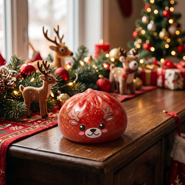 Shimmering Red Reindeer Dumpling Squishy displayed on a table runner with toy reindeer