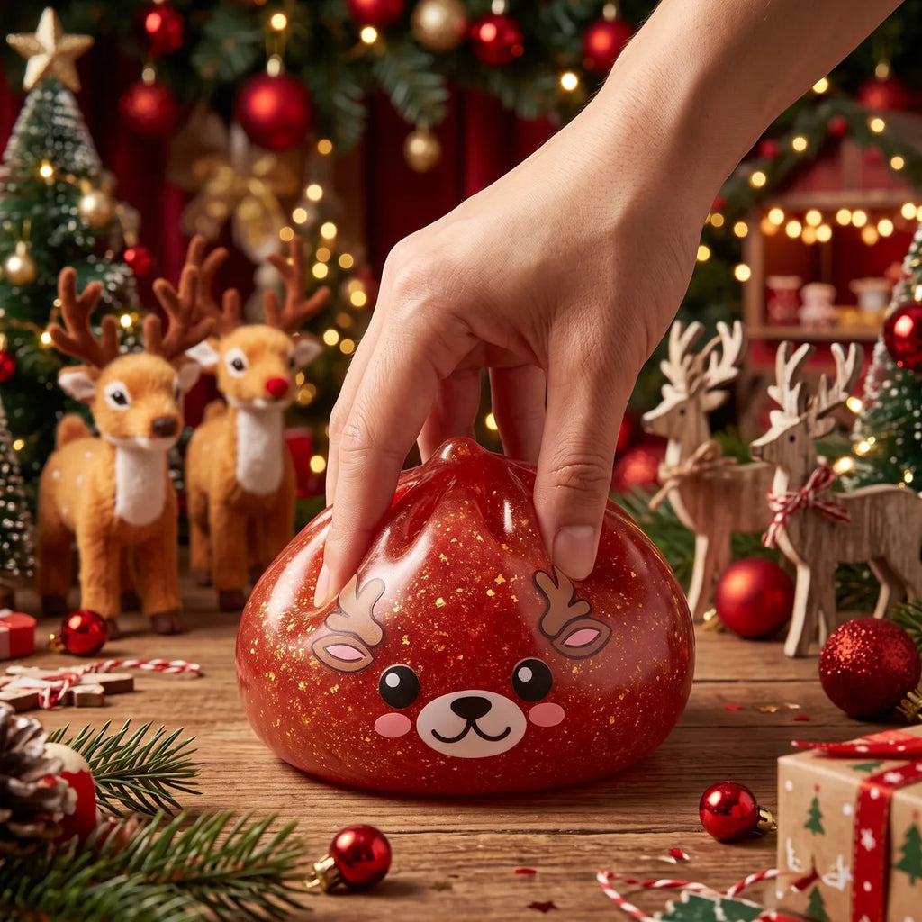 Hand squeezing the Shimmering Red Reindeer Dumpling Squishy