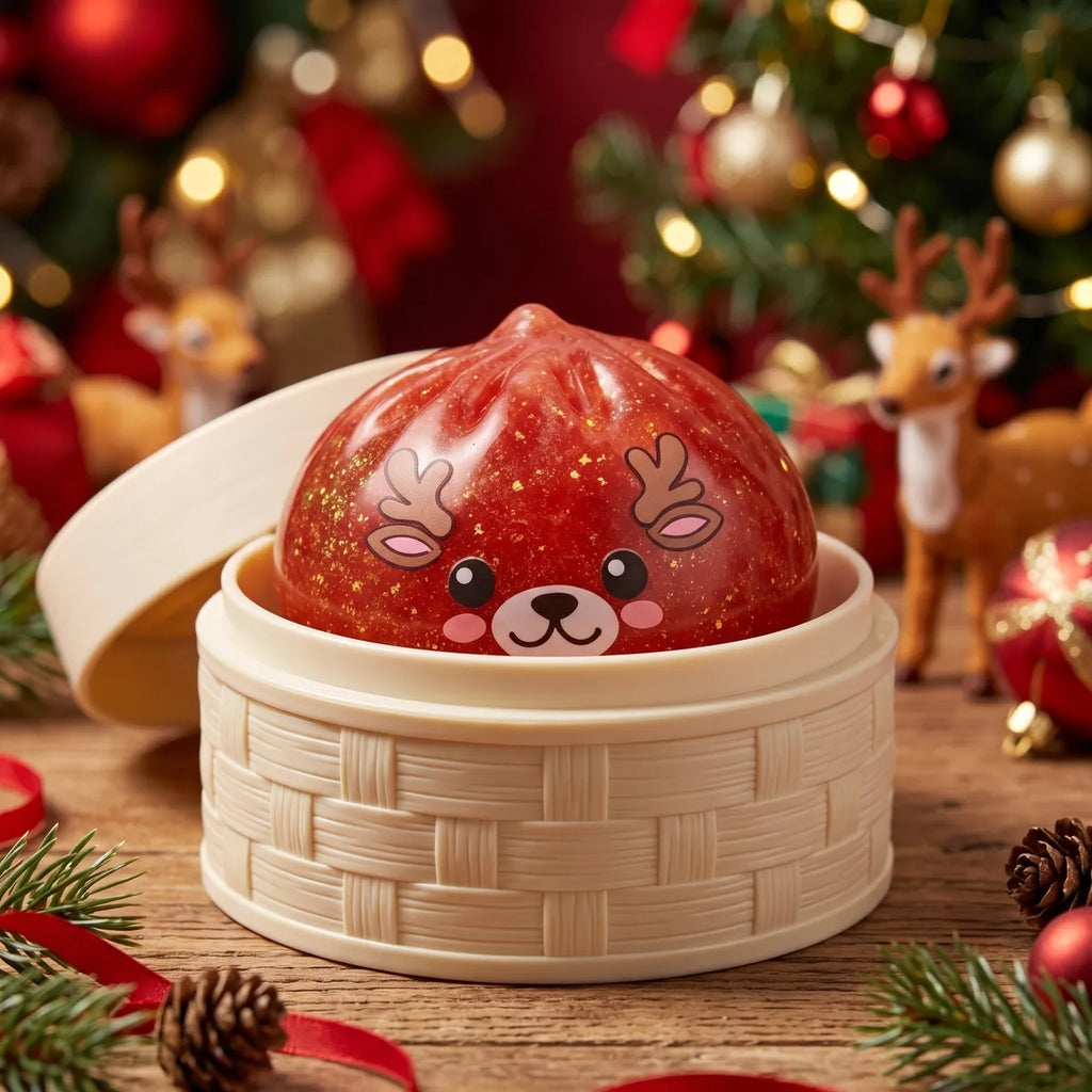 Shimmering Red Reindeer Dumpling Squishy sitting inside a round steamer basket
