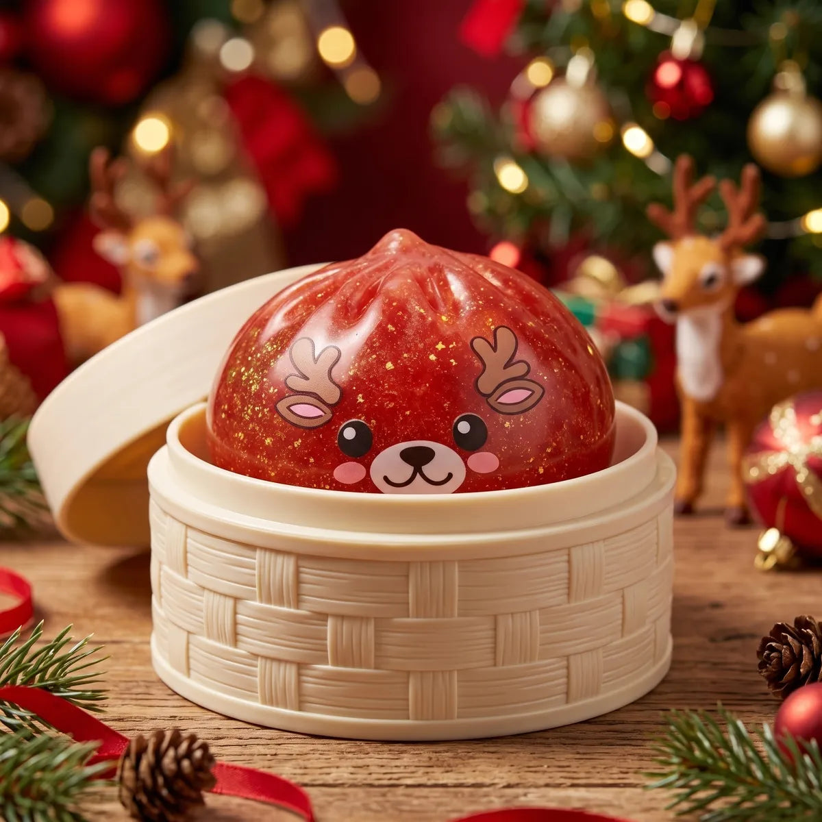Shimmering Red Reindeer Dumpling Squishy sitting inside a round steamer basket