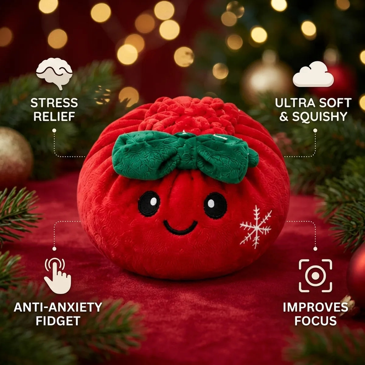 Festive Ribbon Bow Dumpling Squishy Plush infographic: stress relief, ultra soft and squishy, anti-anxiety fidget, improves focus