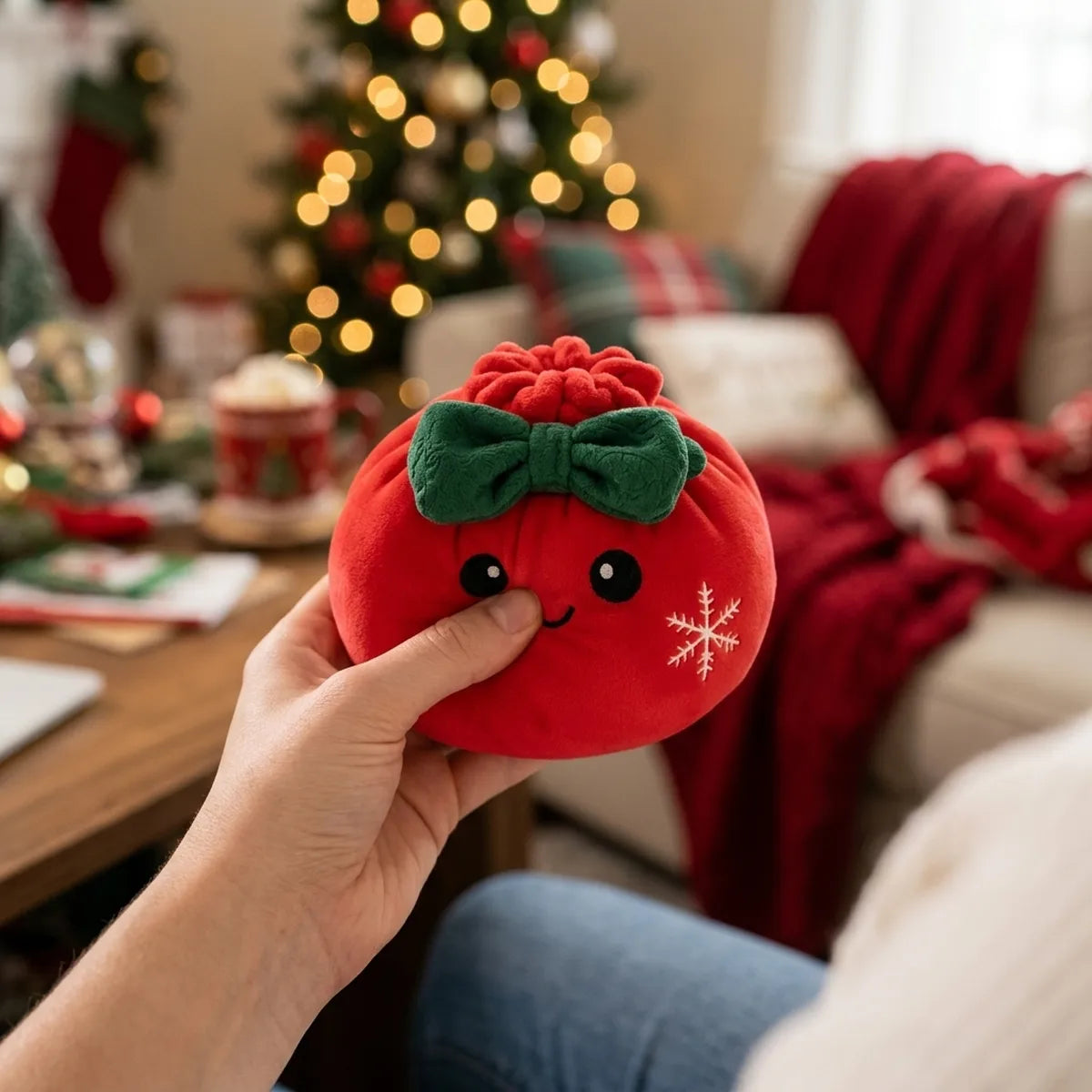 Person squeezing the Festive Ribbon Bow Dumpling Squishy Plush as a fidget toy in a festive living room