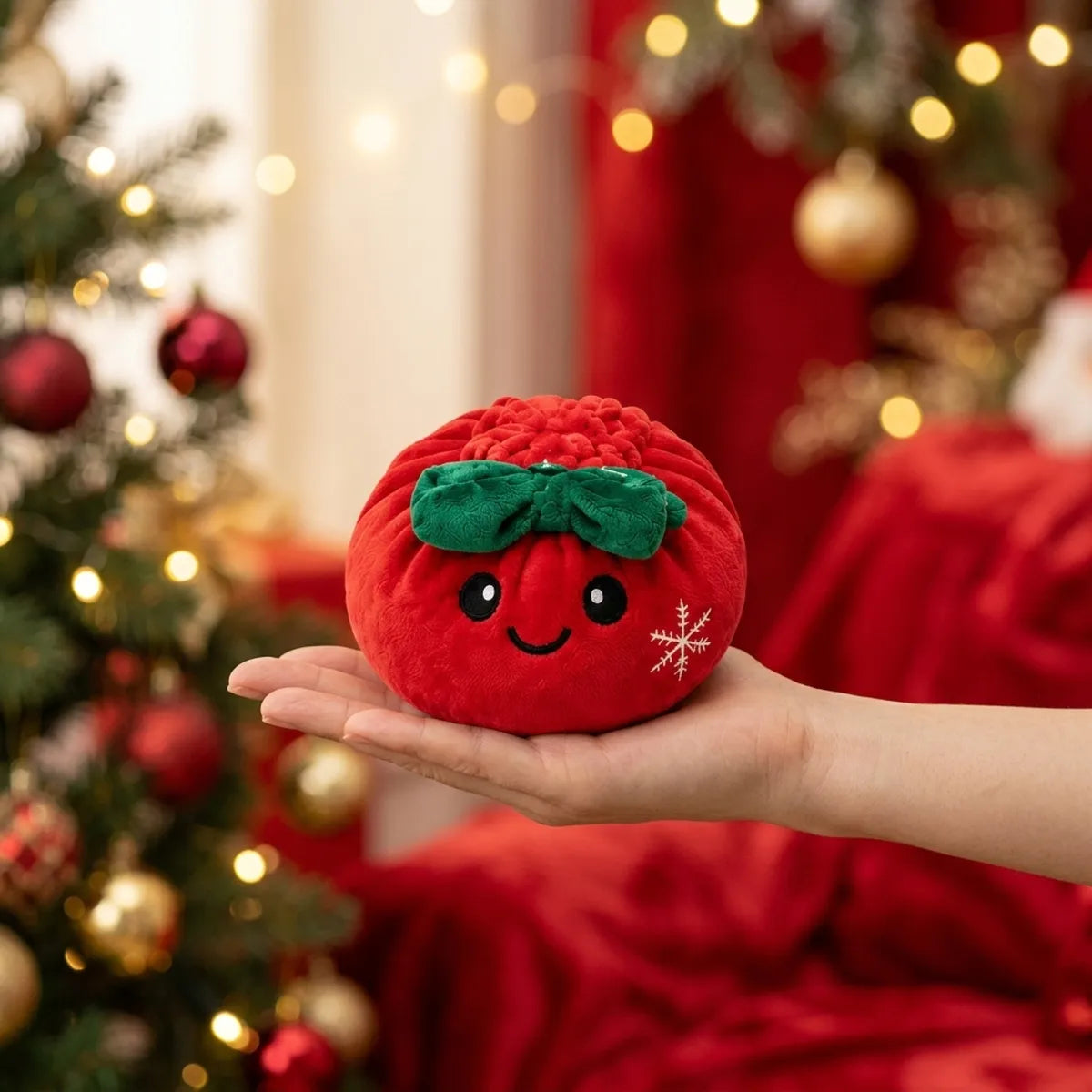 Festive Ribbon Bow Dumpling Squishy Plush resting on an open palm to show its real size