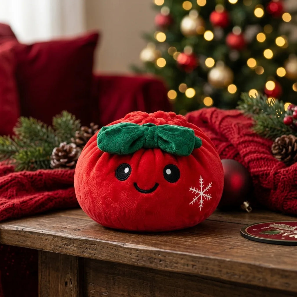 Festive Ribbon Bow Dumpling Squishy Plush displayed on a wooden table by the Christmas tree