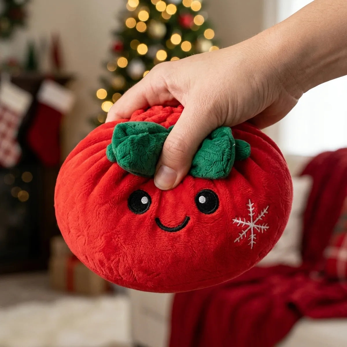 Hand squeezing the Festive Ribbon Bow Dumpling Squishy Plush