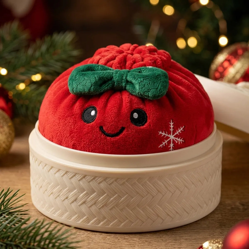Festive Ribbon Bow Dumpling Squishy Plush sitting inside a round steamer basket