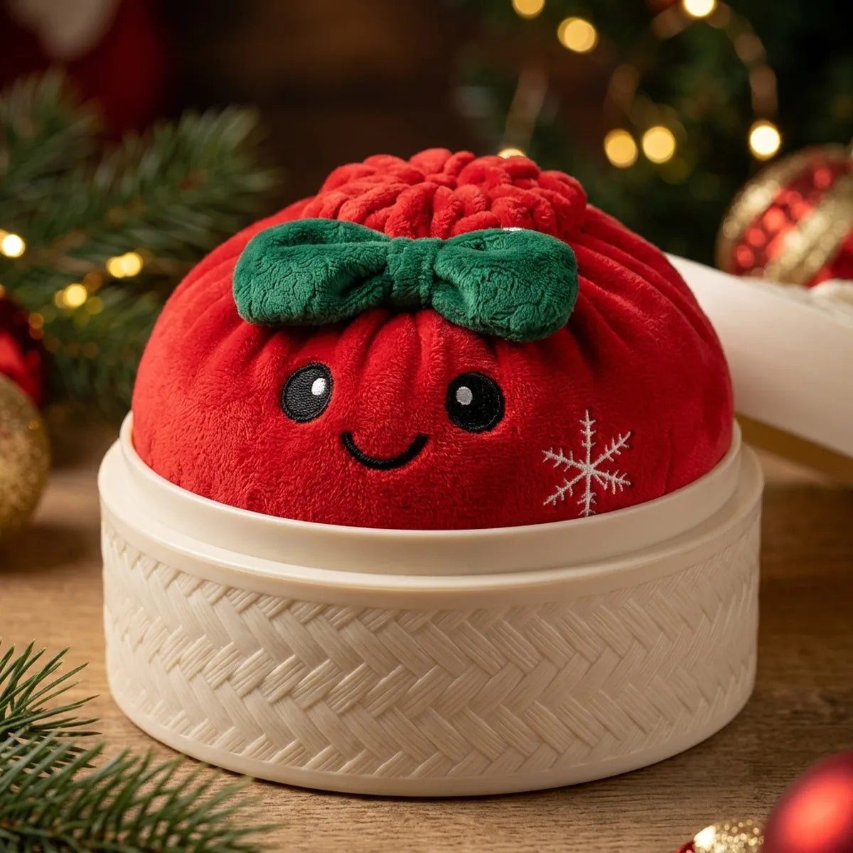 Festive Ribbon Bow Dumpling Squishy Plush sitting inside a round steamer basket