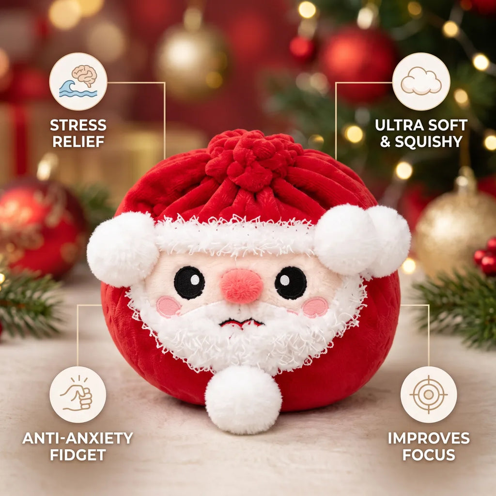 Merry Santa Claus Dumpling Squishy Plush infographic: stress relief, ultra soft and squishy, anti-anxiety fidget, improves focus