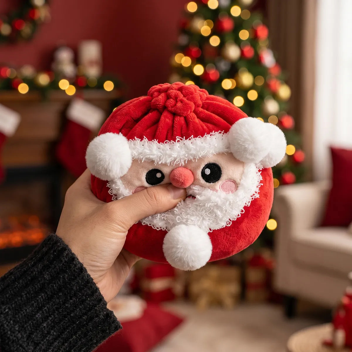 Person squeezing the Merry Santa Claus Dumpling Squishy Plush as a fidget toy in a festive living room