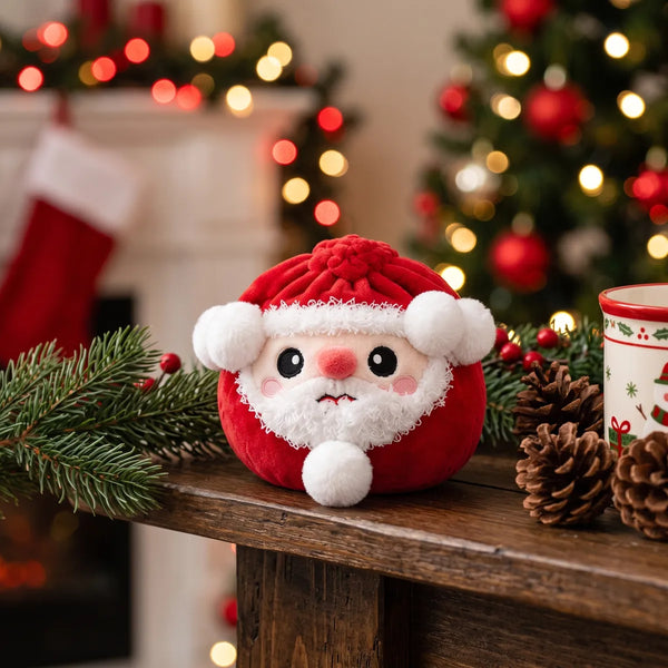 Merry Santa Claus Dumpling Squishy Plush displayed on a mantel shelf with Christmas stockings