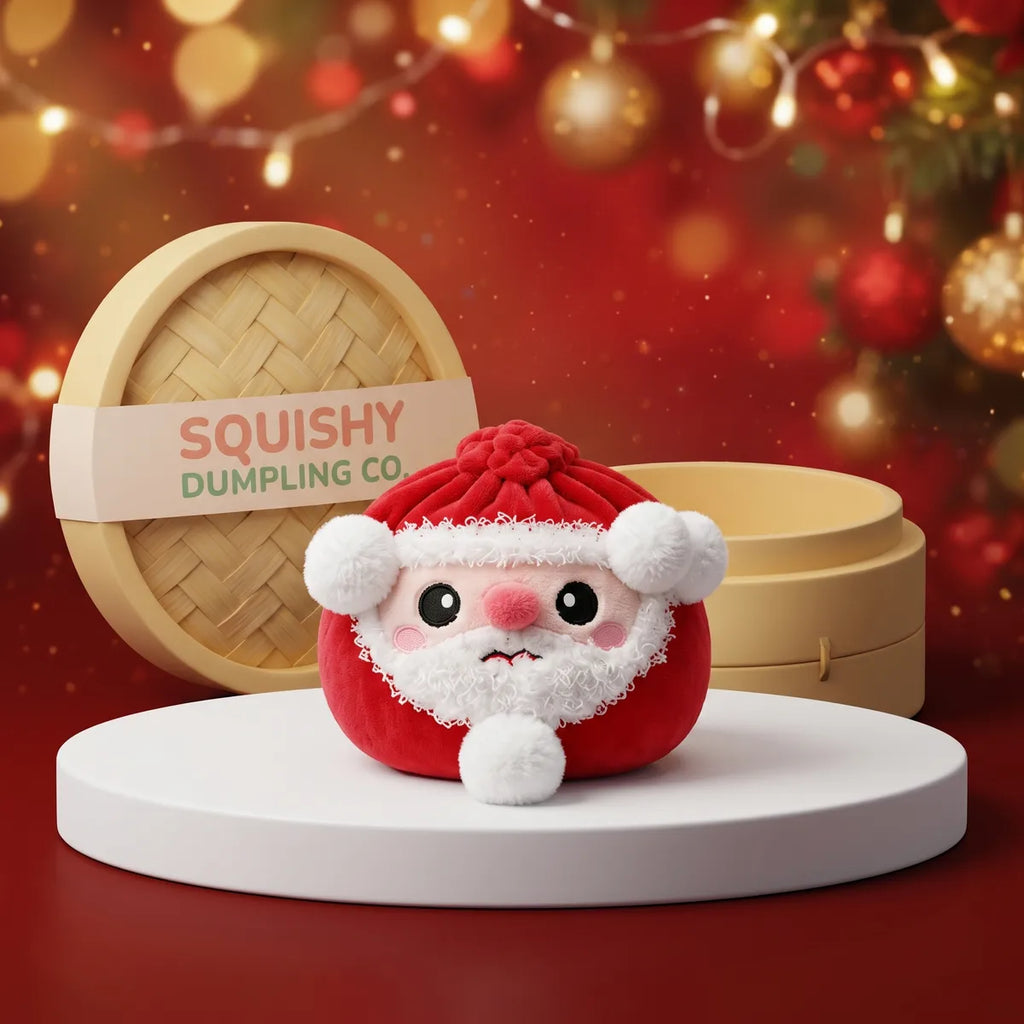 Merry Santa Claus Dumpling Squishy Plush on a white studio podium beside a steamer basket