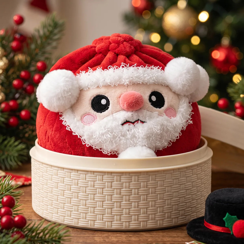 Merry Santa Claus Dumpling Squishy Plush sitting inside a round steamer basket