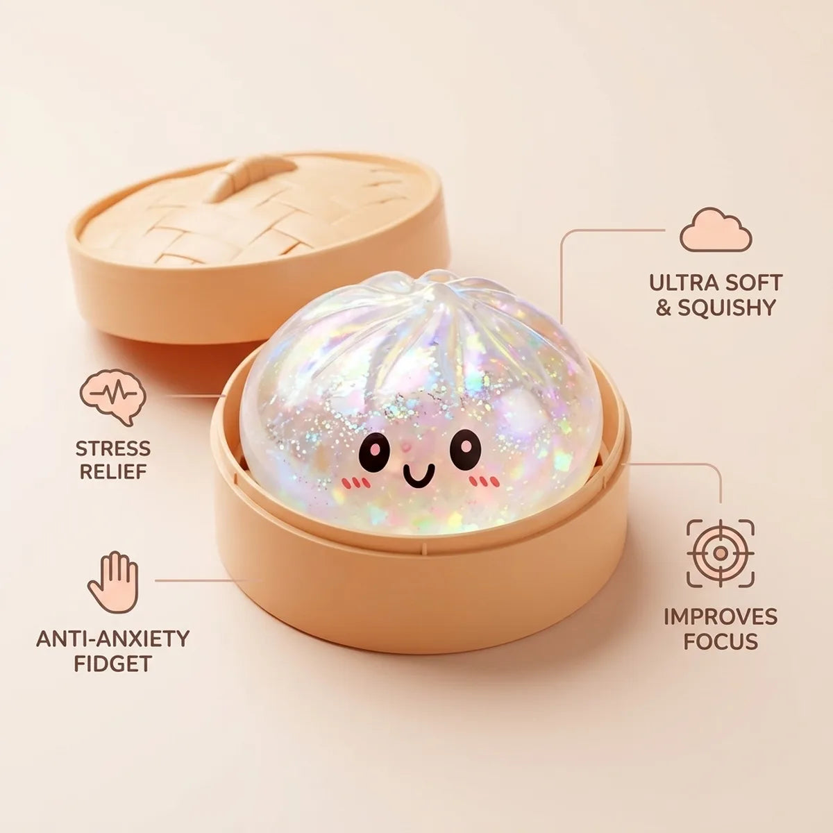 Silver glitter dumpling squishy features and benefits