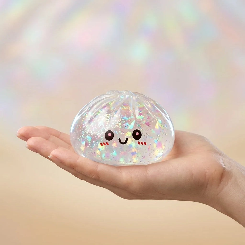 Hand holding a shiny silver glitter dumpling squishy