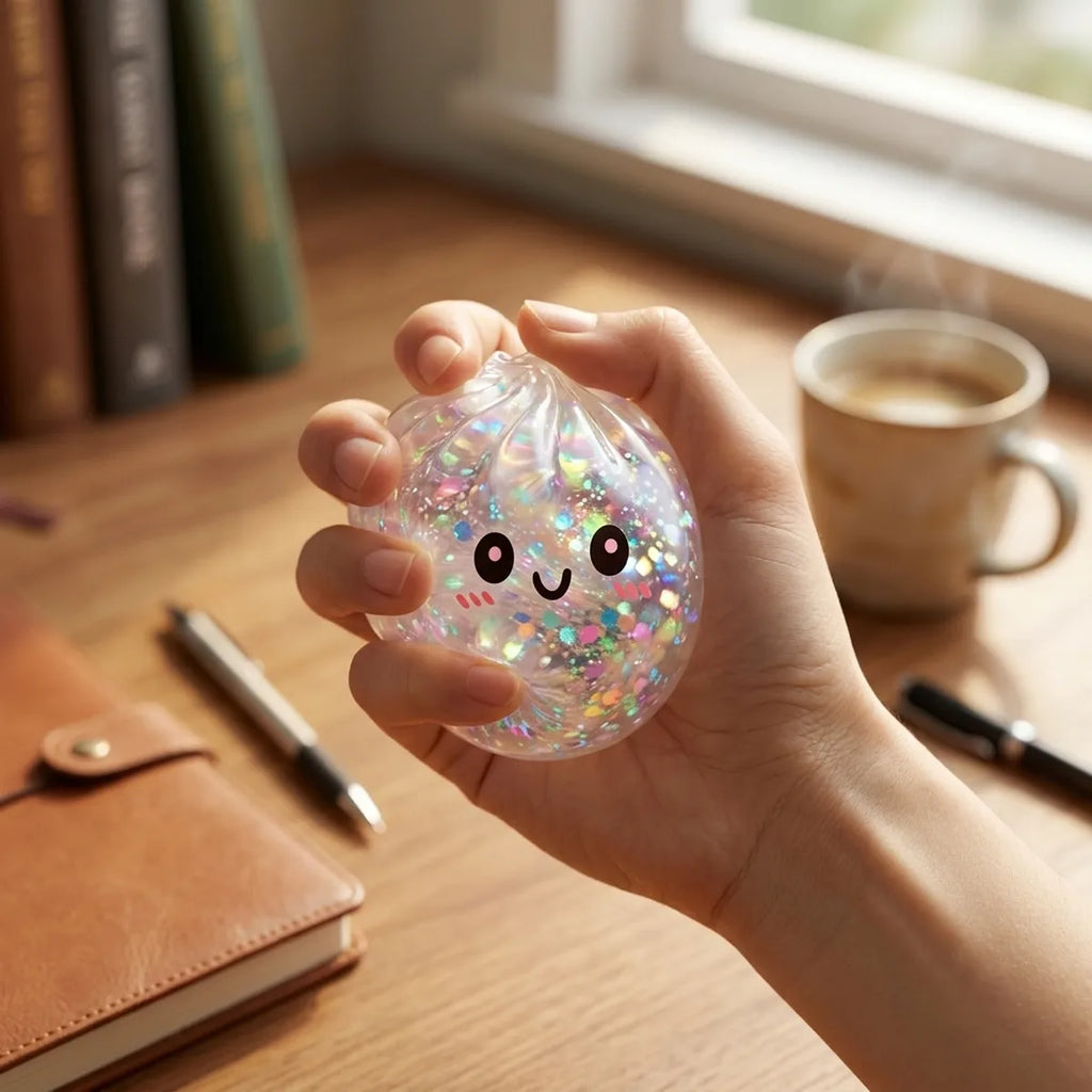 Person playing with a silver glitter dumpling squishy for stress relief