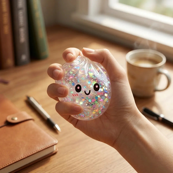 Person playing with a silver glitter dumpling squishy for stress relief
