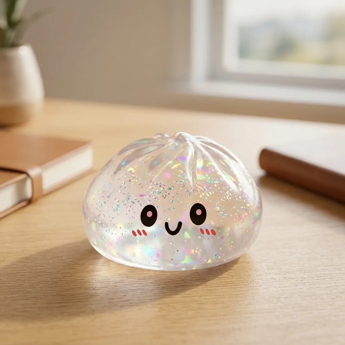 Silver glitter dumpling squishy displayed on a desk surface