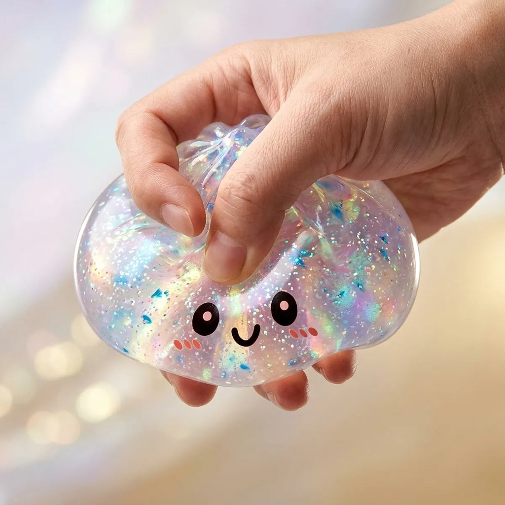 Hand squeezing the slow-rise silver glitter dumpling squishy