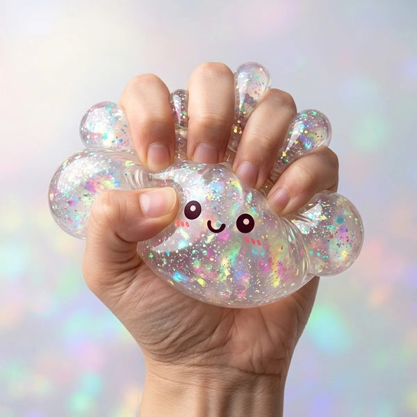 Close-up of fingers pressing the silver glitter dumpling squishy