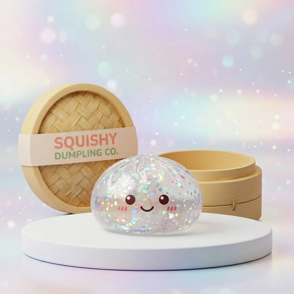 Studio photo of the silver glitter dumpling squishy with bamboo steamer