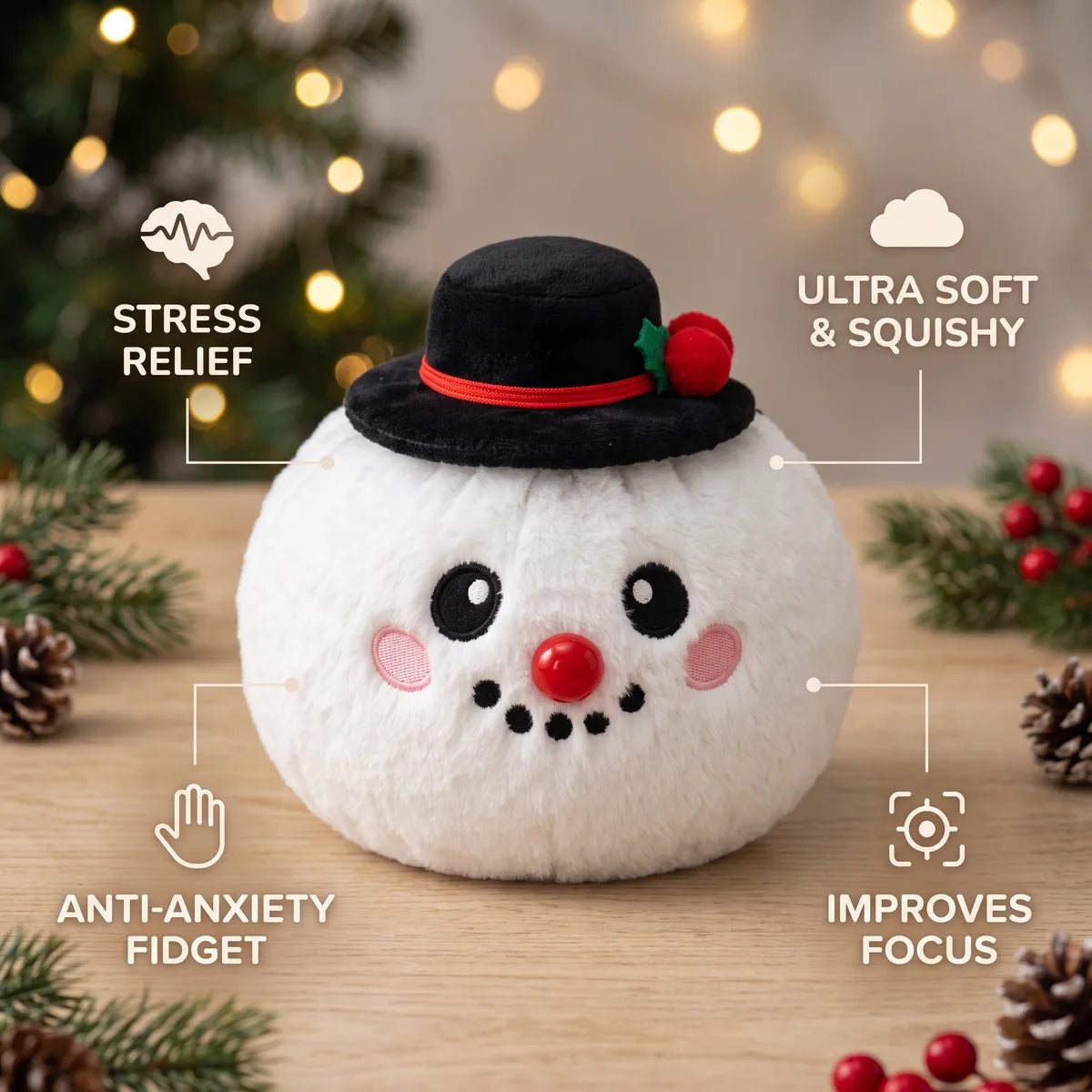 Dapper Snow Hat Dumpling Squishy Plush infographic: stress relief, ultra soft and squishy, anti-anxiety fidget, improves focus