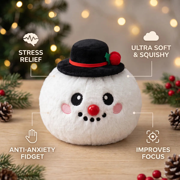 Dapper Snow Hat Dumpling Squishy Plush infographic: stress relief, ultra soft and squishy, anti-anxiety fidget, improves focus