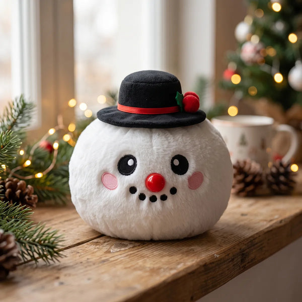 Dapper Snow Hat Dumpling Squishy Plush displayed on a wooden table with a mug by the Christmas tree