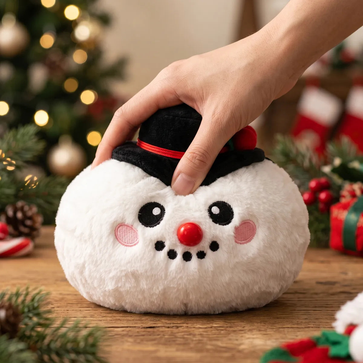 Hand pressing down on the soft Dapper Snow Hat Dumpling Squishy Plush