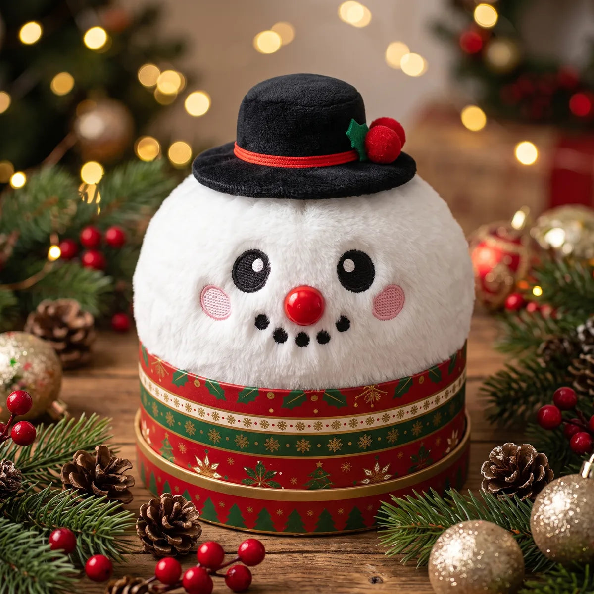 Dapper Snow Hat Dumpling Squishy Plush sitting inside a round steamer basket