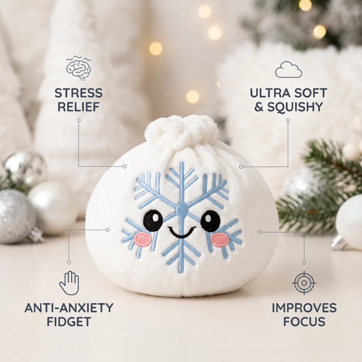 Winter Snowflake Dumpling Squishy Plush infographic: stress relief, ultra soft and squishy, anti-anxiety fidget, improves focus